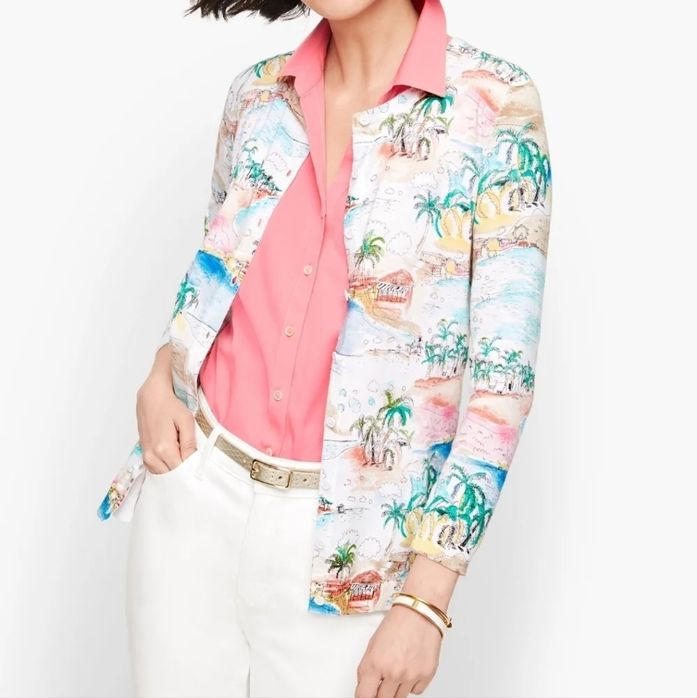 Talbots Coastal Scene Button-Front Shirt - Size Small Petite - Picture 4 of 7